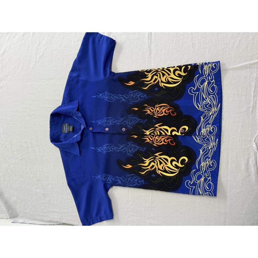 Blue Flame Button Up Y2k Tribal Fire Extreme Gear Hawaiian